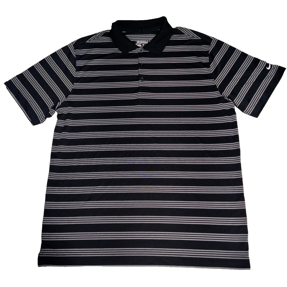 NIKE GOLF TOUR PERFORMANCE DRI-FIT Men XL Black White Striped Polo Shirt EUC